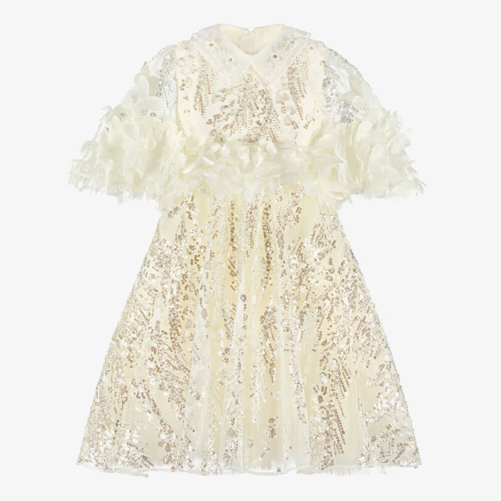 Junona-Girls Ivory Sequinned Tulle Dress with Floral Appliqués | Childrensalon