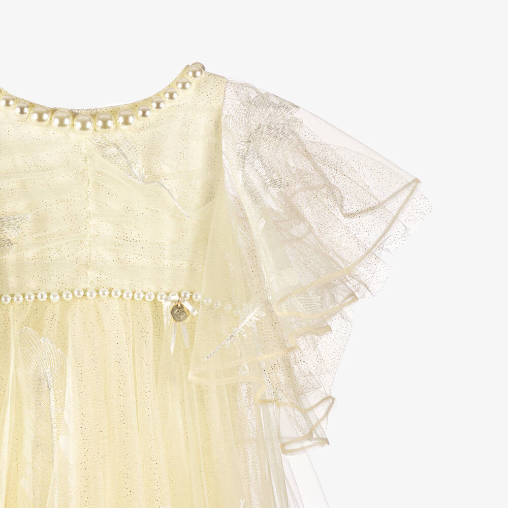 Junona-Girls Ivory Tulle Dress with Embroidered Feathers | Childrensalon