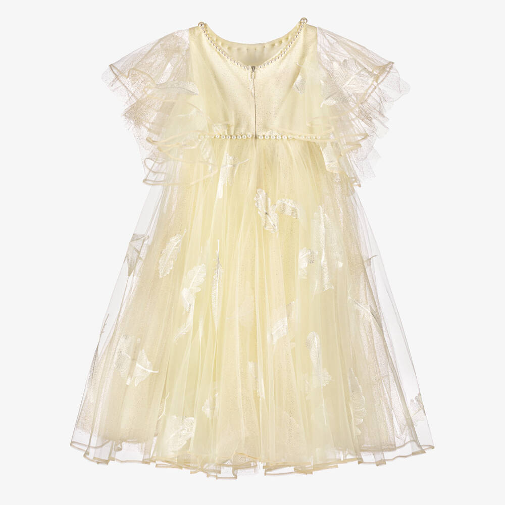 Junona-Girls Ivory Tulle Dress with Embroidered Feathers | Childrensalon