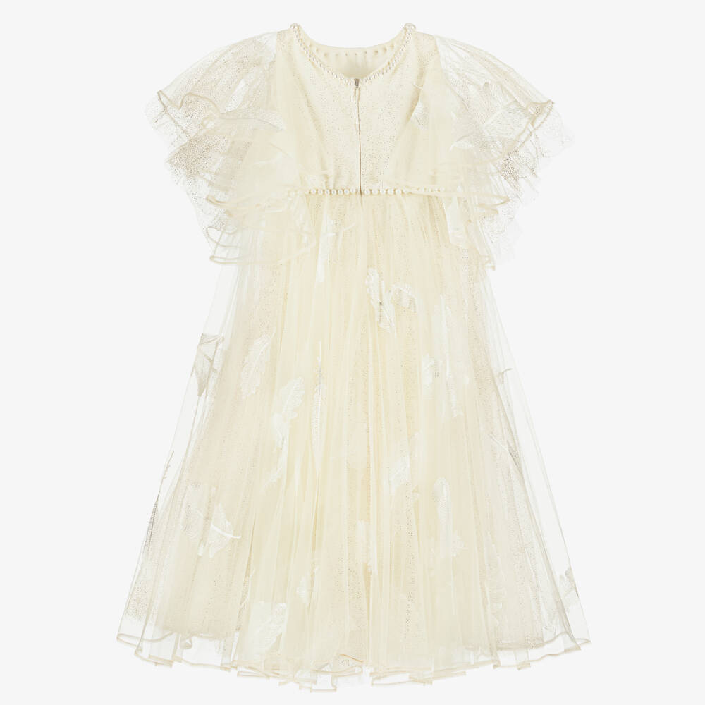 Junona-فستان تول مطرز بالريش لون عاجي للبنات | Childrensalon