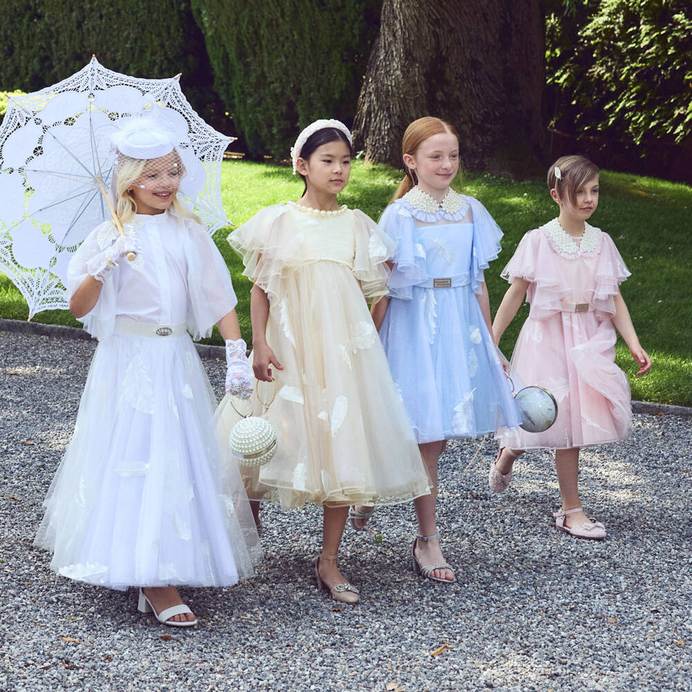 Junona-فستان تول مطرز بالريش لون عاجي للبنات | Childrensalon