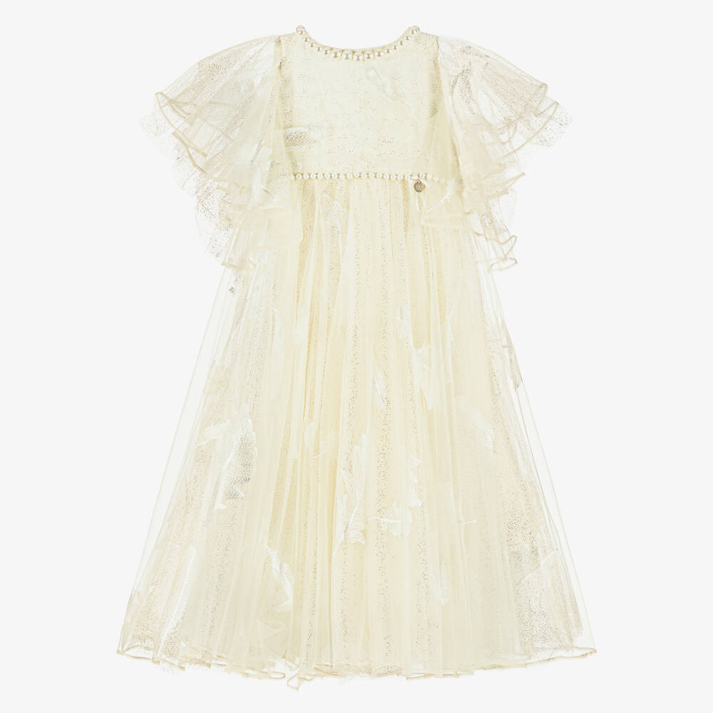 Junona-Girls Ivory Tulle Dress with Embroidered Feathers | Childrensalon