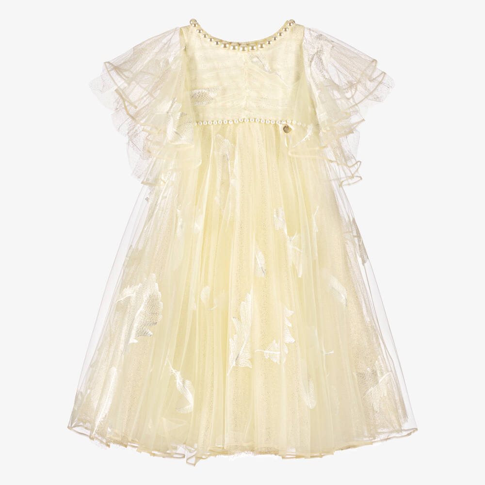 Junona-Платье кремовое из тюля с вышитыми перьями для девочек | Childrensalon