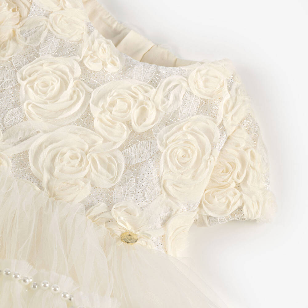 Junona-Girls Ivory Tulle Dress with Rose Appliqués | Childrensalon