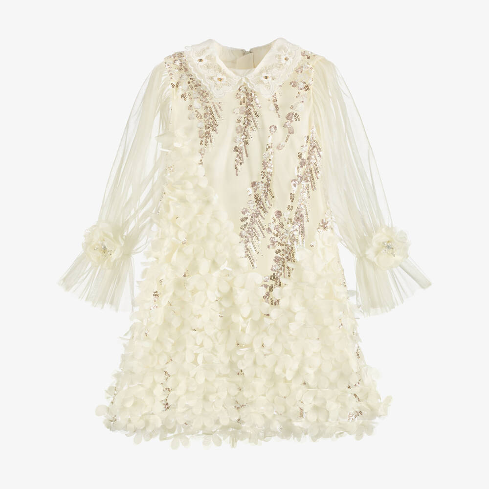 Junona-Girls Ivory Tulle Dress with Sequin & Floral Embellishments | Childrensalon