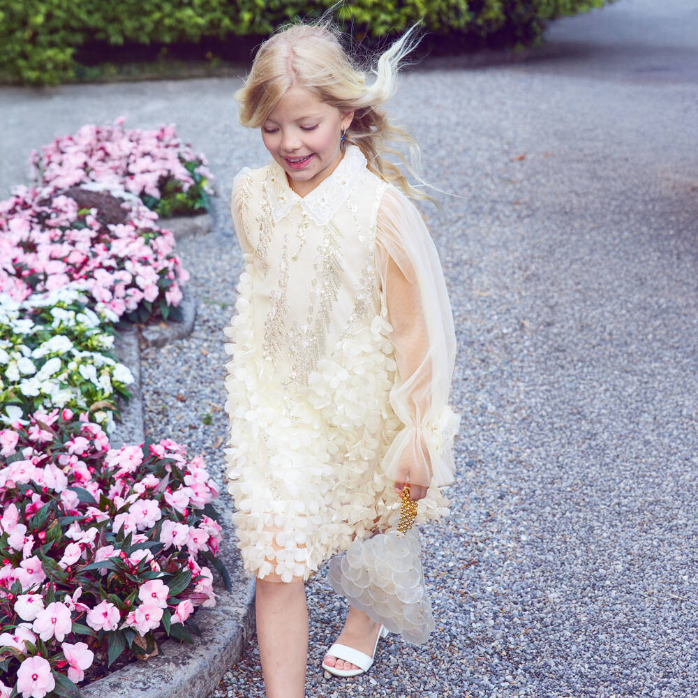 Junona-Girls Ivory Tulle Dress with Sequin & Floral Embellishments | Childrensalon