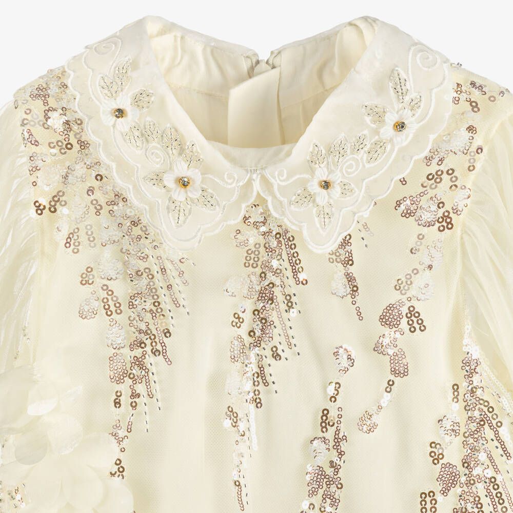 Junona-Girls Ivory Tulle Dress with Sequin & Floral Embellishments | Childrensalon