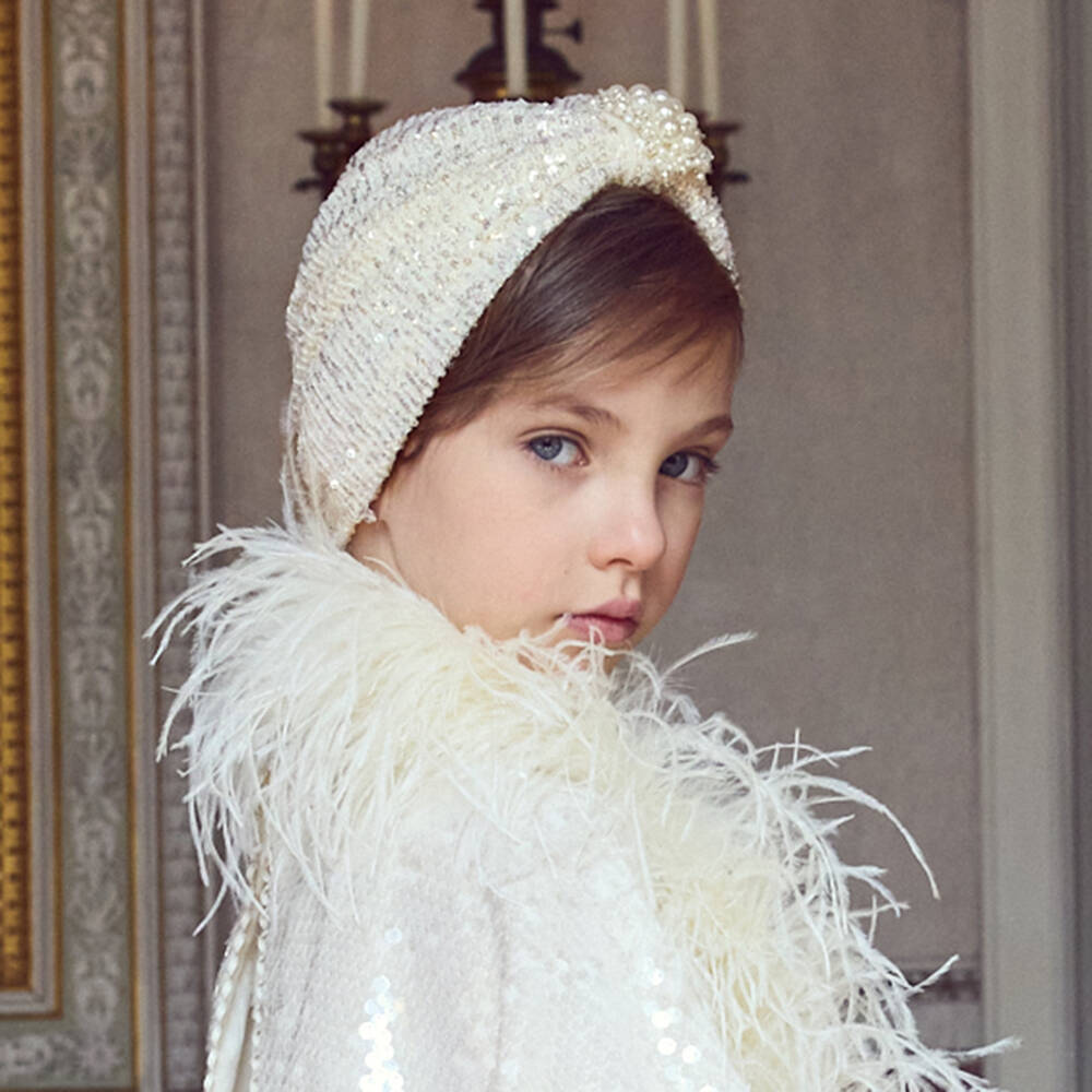 Junona-Girls Ivory Turban with Sequins & Faux Pearls | Childrensalon