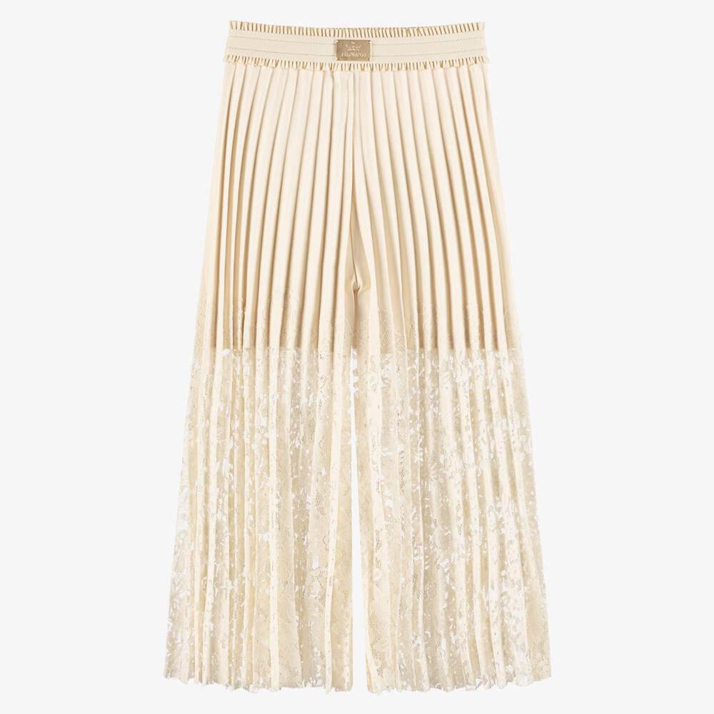 Junona-Girls Ivory Wide-Leg Pleated Lace Trousers | Childrensalon