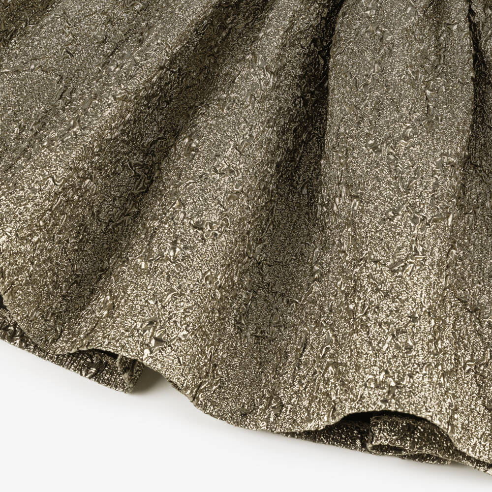 Junona-Girls Metallic Gold Ruffle Dress with Feather Trim | Childrensalon