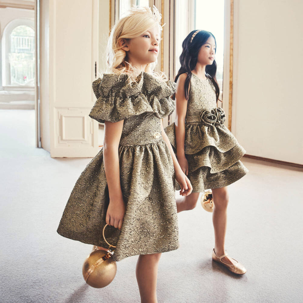 Junona-Girls Metallic Gold Ruffle Dress with Feather Trim | Childrensalon