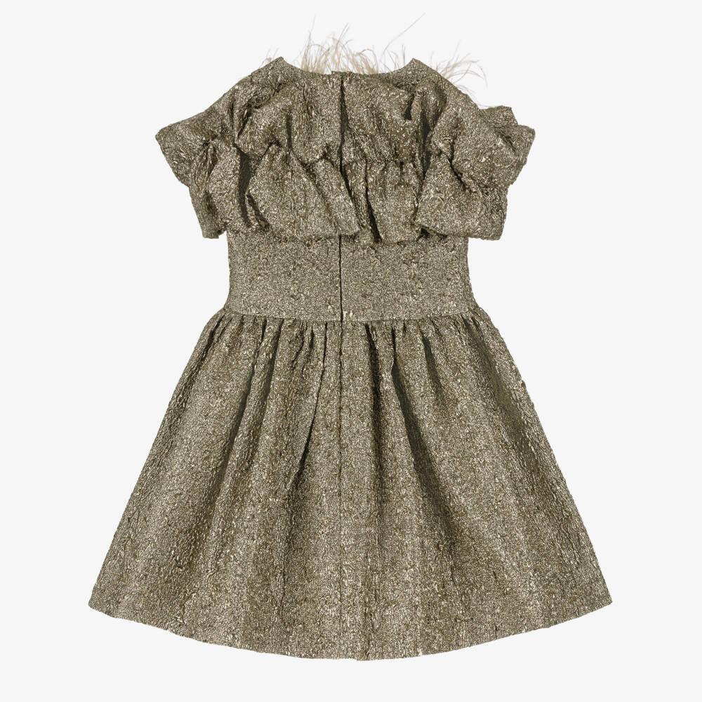 Junona-Girls Metallic Gold Ruffle Dress with Feather Trim | Childrensalon