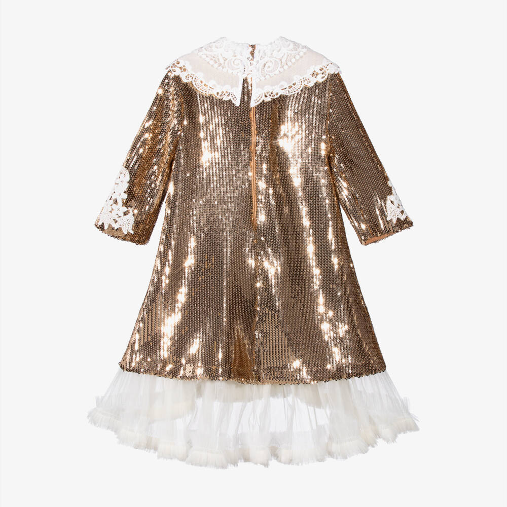 Junona-Girls Metallic Gold Sequinned Dress with Double Lace Collar | Childrensalon