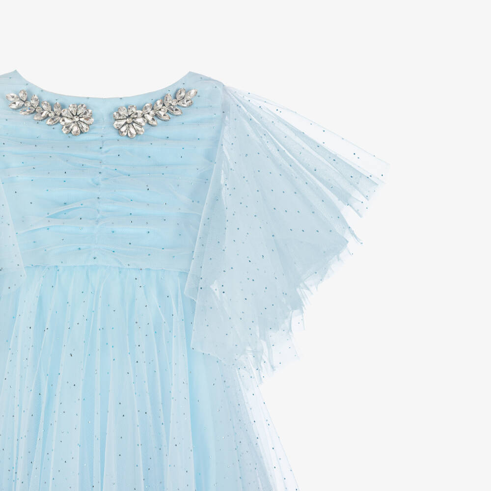 Junona-Girls Pale Blue Diamanté Tulle Dress | Childrensalon