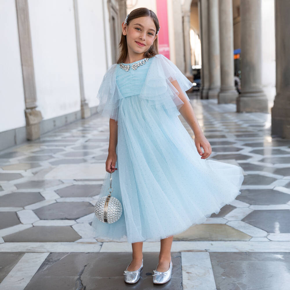 Junona-Girls Pale Blue Diamanté Tulle Dress | Childrensalon
