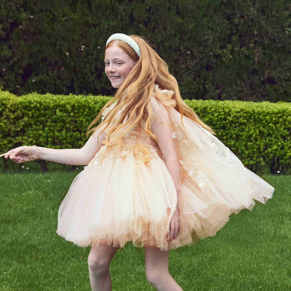 Junona-Girls Pale Peach Cape Dress Embellished with Sequins & Pearls | Childrensalon