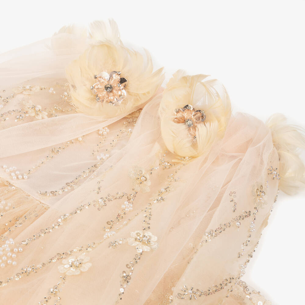 Junona-Girls Pale Peach Cape Dress Embellished with Sequins & Pearls | Childrensalon