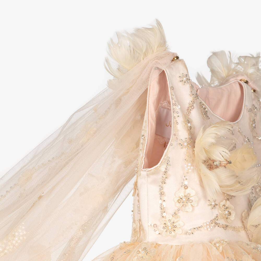 Junona-Girls Pale Peach Cape Dress Embellished with Sequins & Pearls | Childrensalon