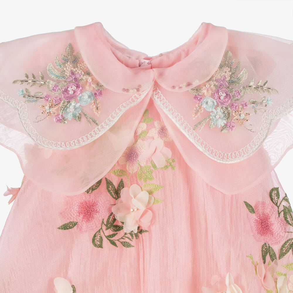 Junona-Girls Pale Pink Chiffon Dress with Embroidered Floral Collar | Childrensalon