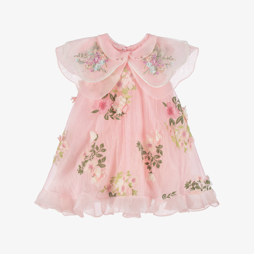 Junona-Girls Pale Pink Chiffon Dress with Embroidered Floral Collar | Childrensalon