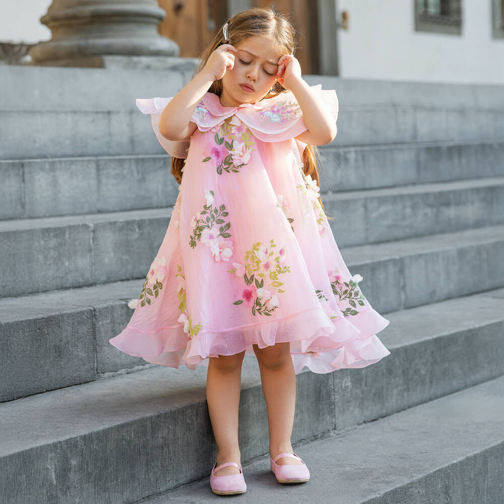 Junona-Girls Pale Pink Chiffon Dress with Embroidered Floral Collar | Childrensalon