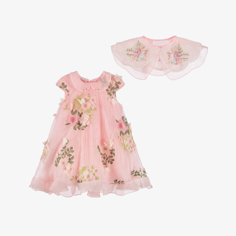 Junona-Girls Pale Pink Chiffon Dress with Embroidered Floral Collar | Childrensalon