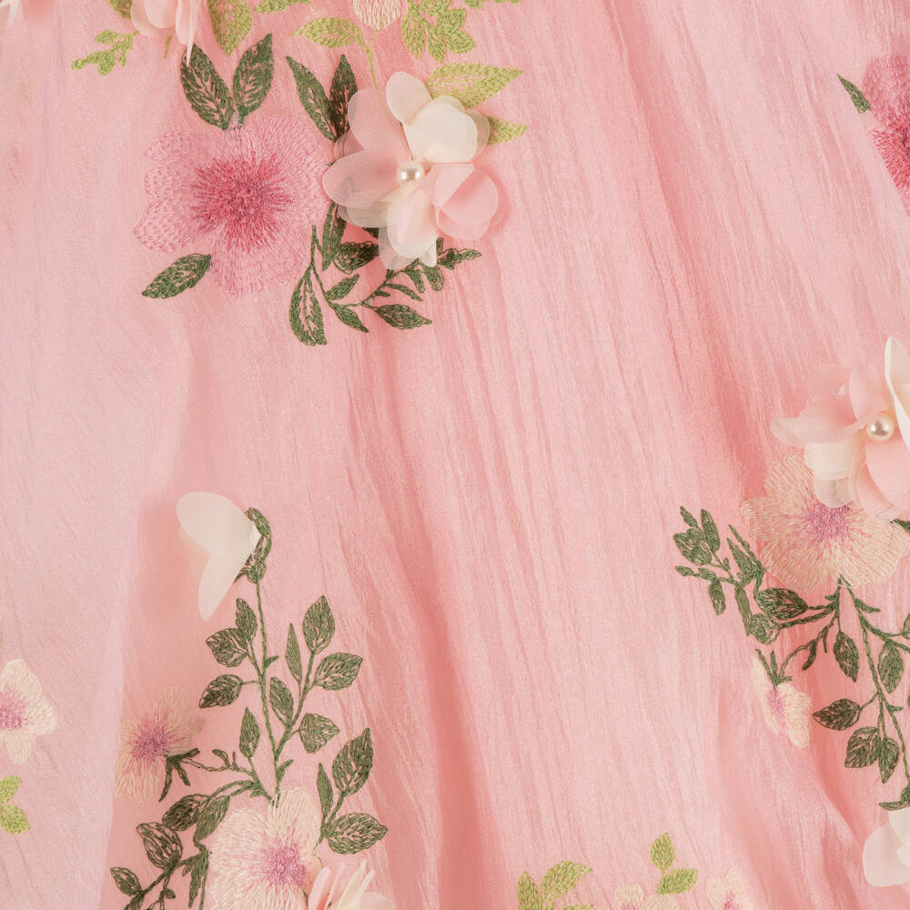 Junona-Girls Pale Pink Chiffon Dress with Embroidered Floral Collar | Childrensalon
