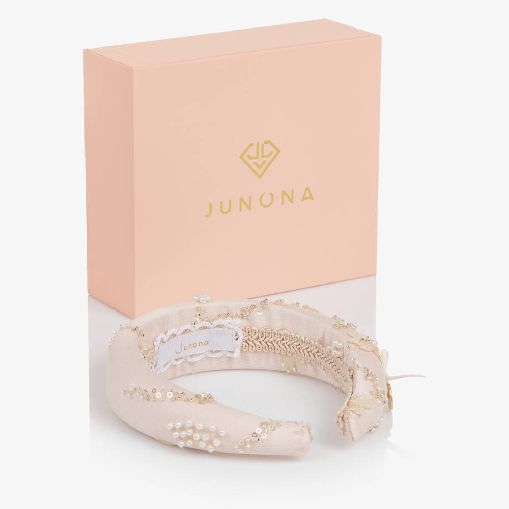Junona-Girls Pale Pink Padded Hairband with Sequinned Flowers | Childrensalon
