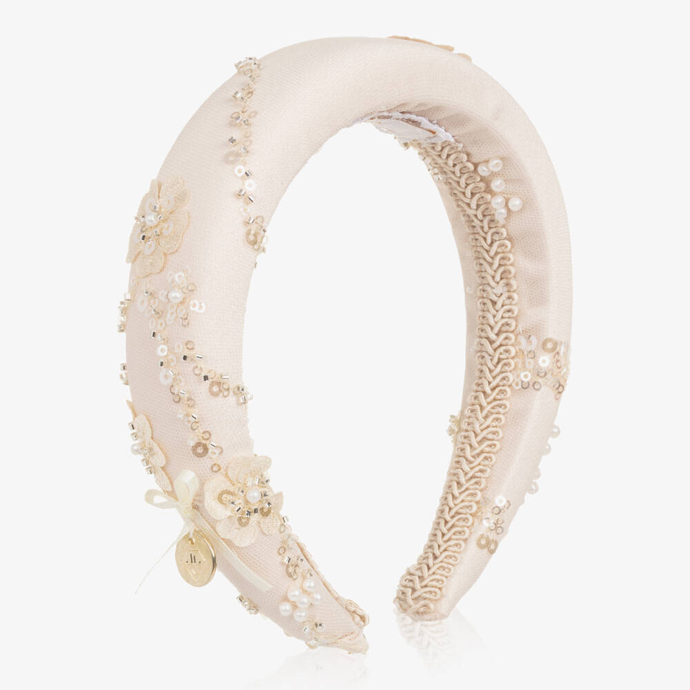 Junona-Girls Pale Pink Padded Hairband with Sequinned Flowers | Childrensalon