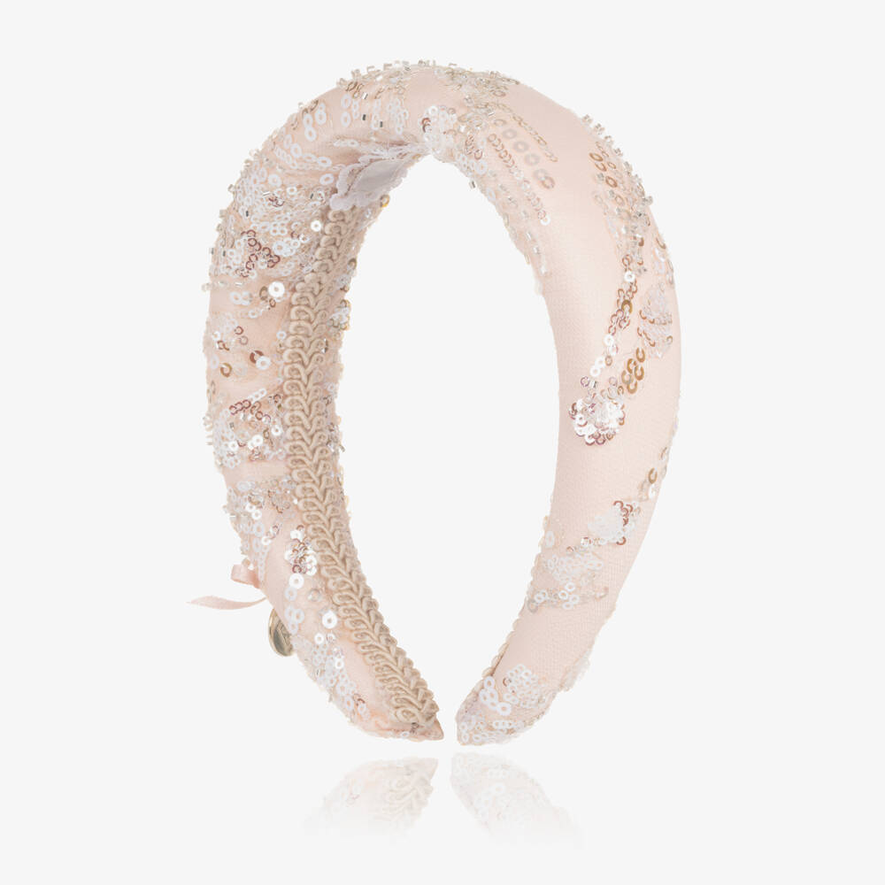 Junona-Girls Pale Pink Padded Hairband with Silver Sequins | Childrensalon