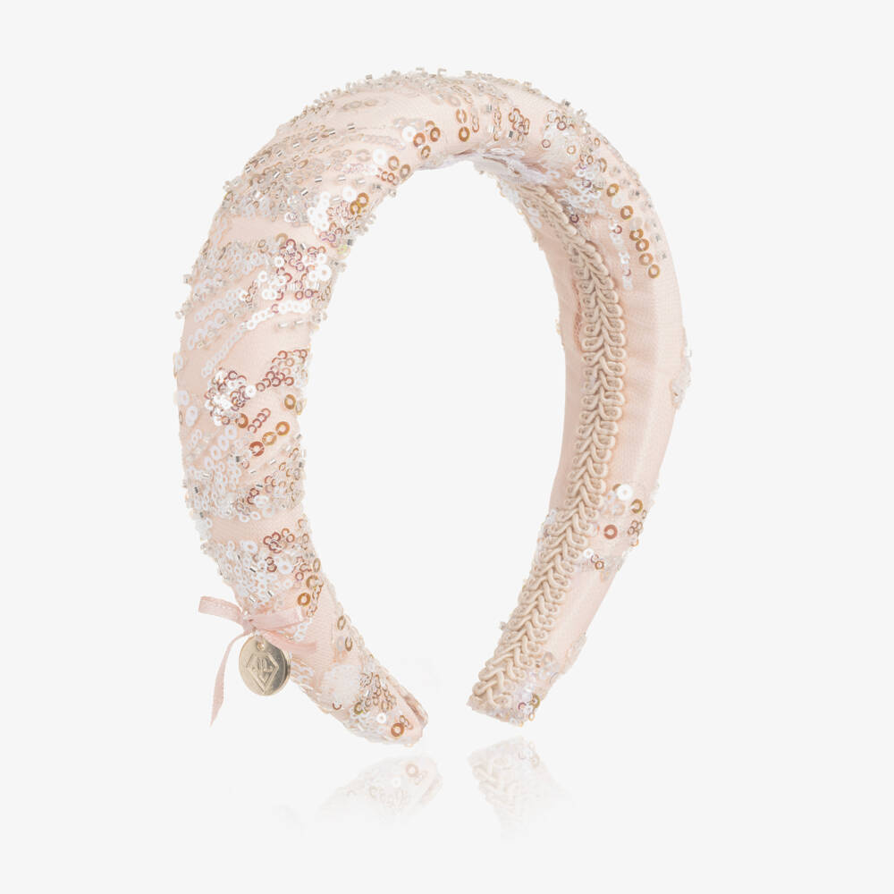 Junona-Girls Pale Pink Padded Hairband with Silver Sequins | Childrensalon