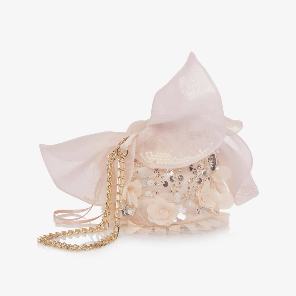 Junona-Girls Pale Pink Sequined Tulle Bag (12cm) | Childrensalon