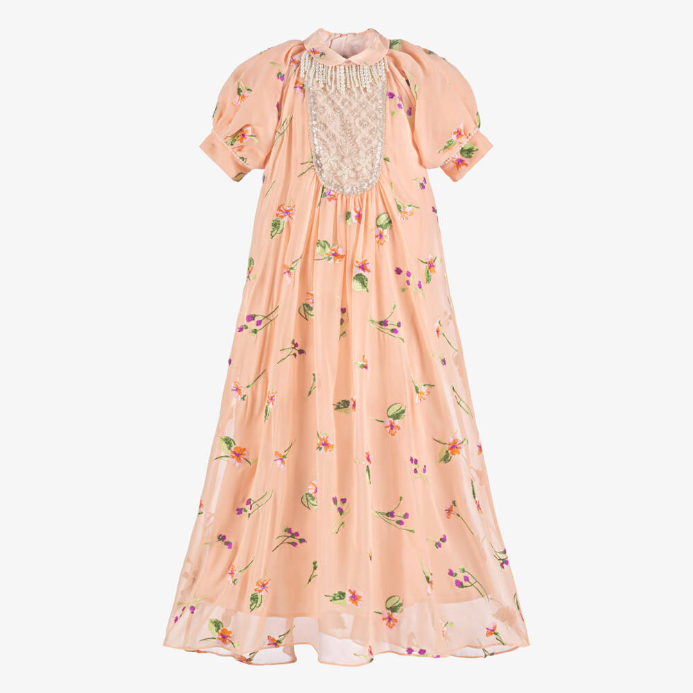 Junona-Girls Peach Chiffon Maxi Dress with Embroidered Florals | Childrensalon