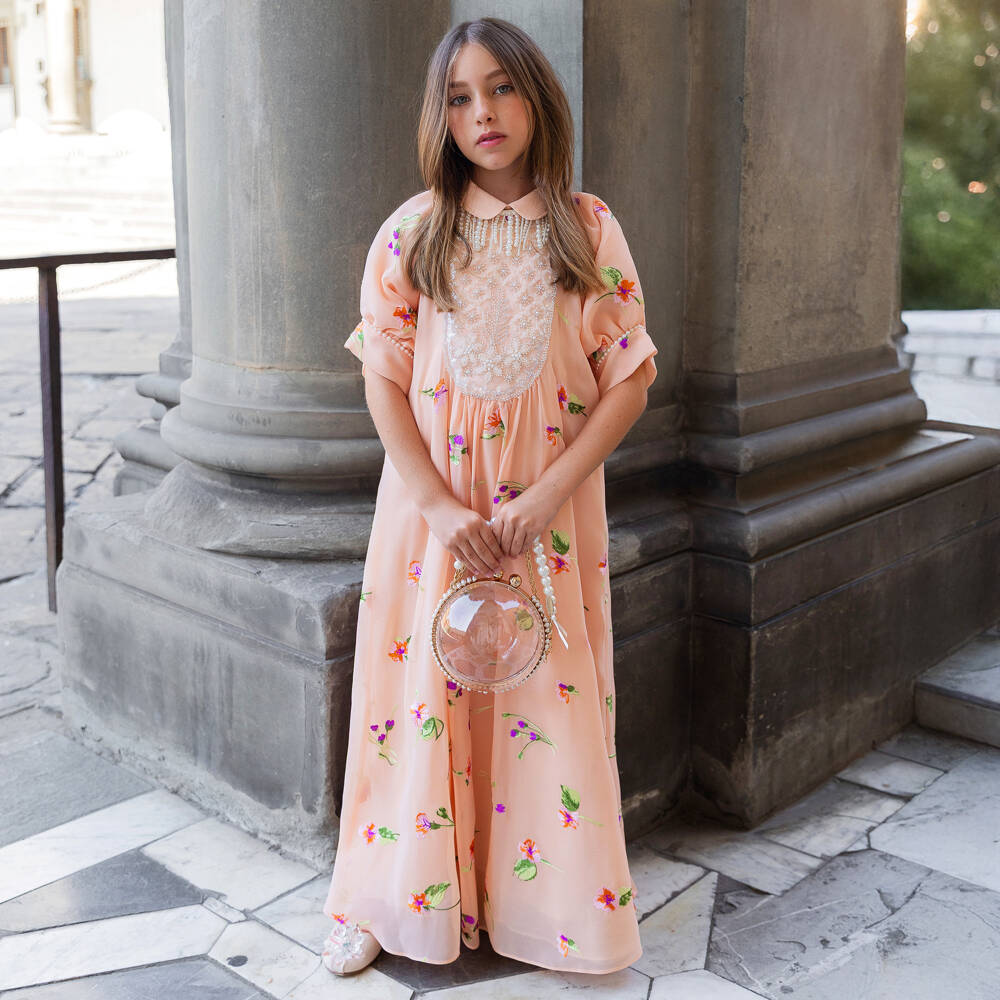 Junona-Girls Peach Chiffon Maxi Dress with Embroidered Florals | Childrensalon