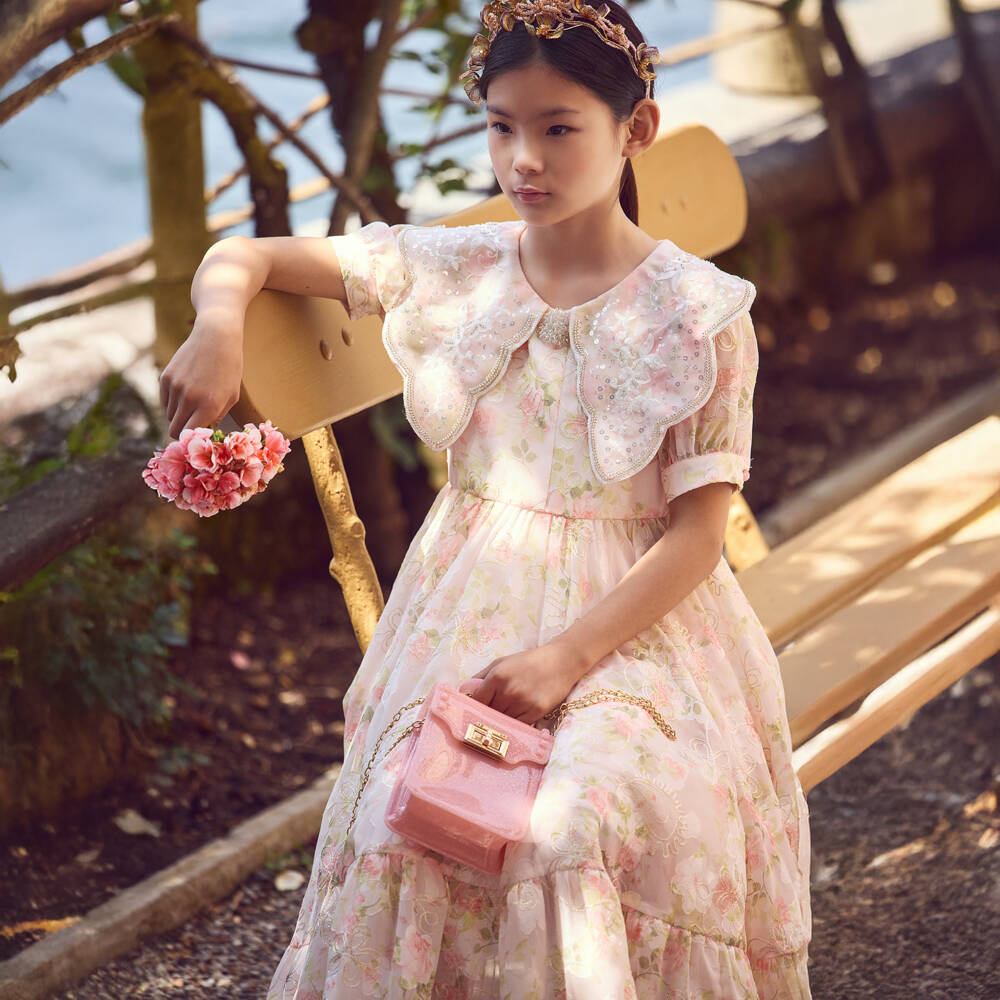 Junona-Girls Peach Embroidered Floral Chiffon Dress | Childrensalon