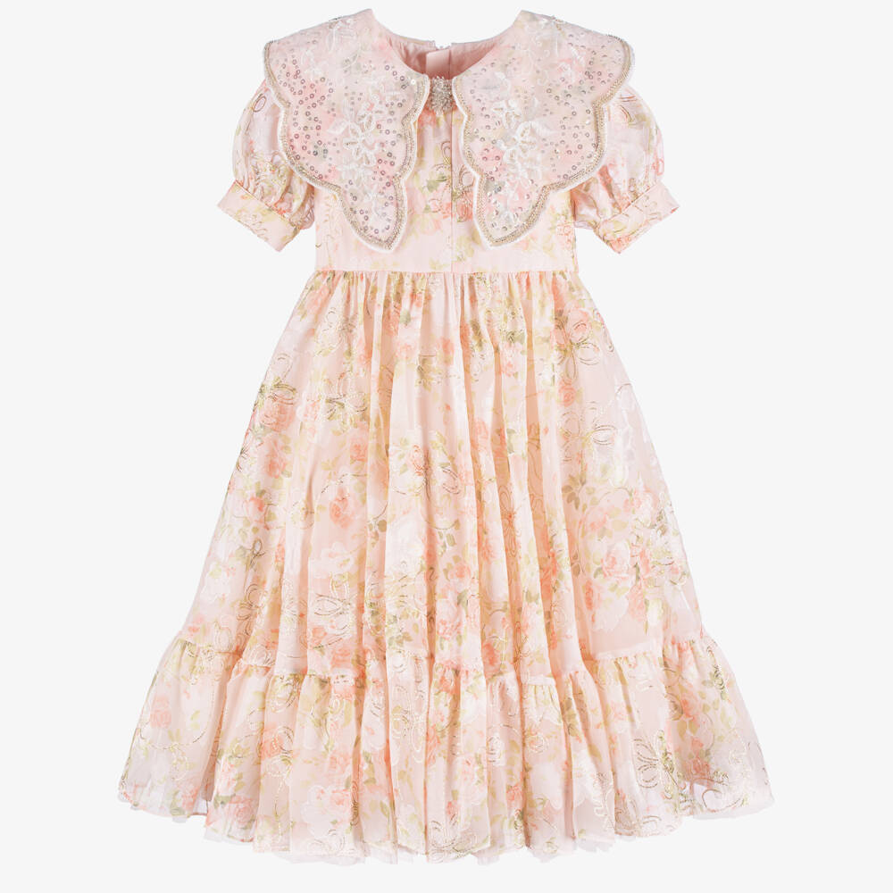 Junona-Girls Peach Embroidered Floral Chiffon Dress | Childrensalon