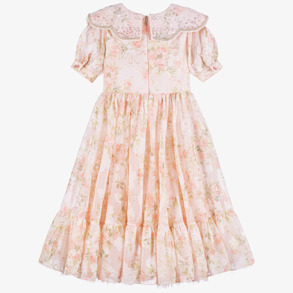 Junona-Girls Peach Embroidered Floral Chiffon Dress | Childrensalon