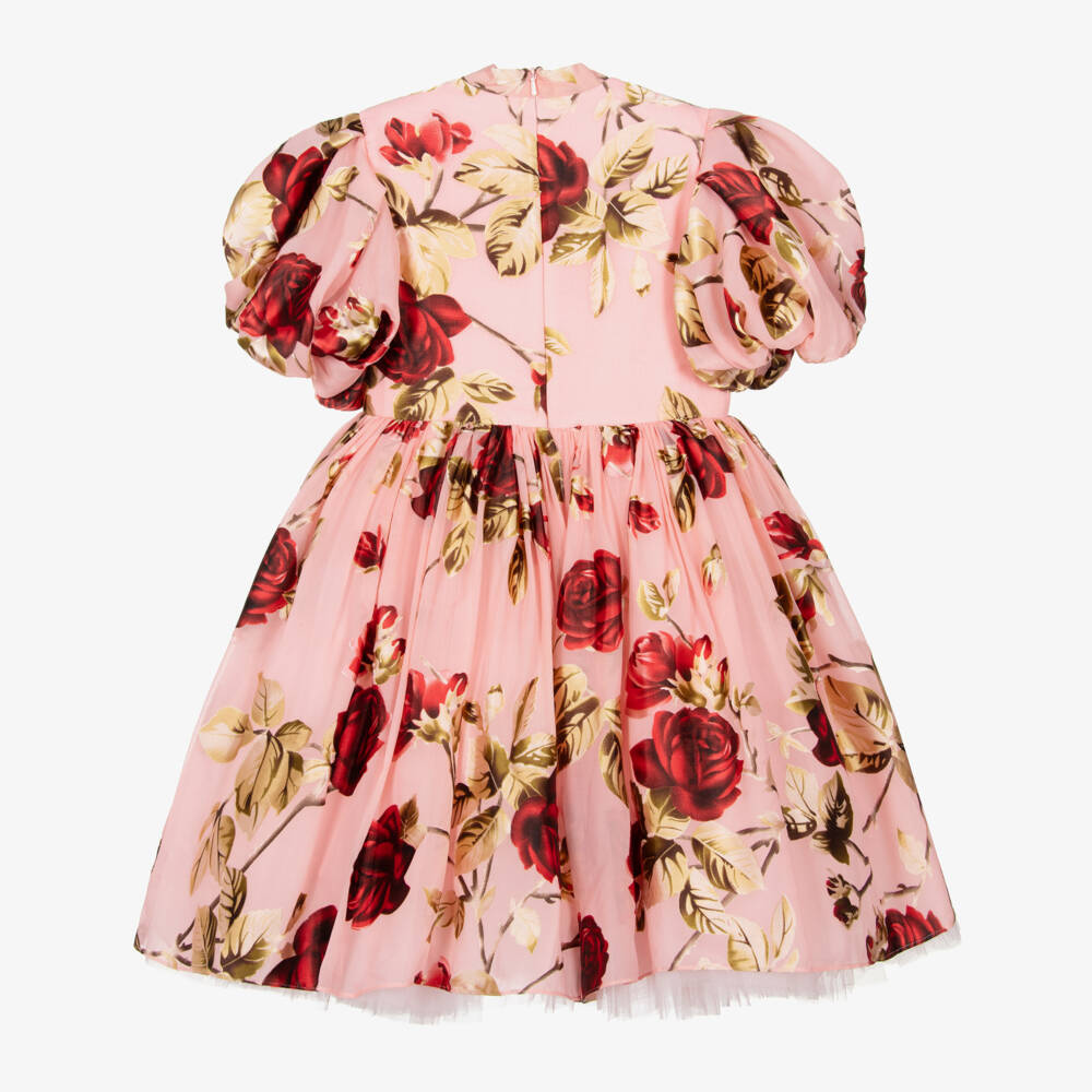 Junona-Girls Pink Chiffon Dress with Red Roses | Childrensalon