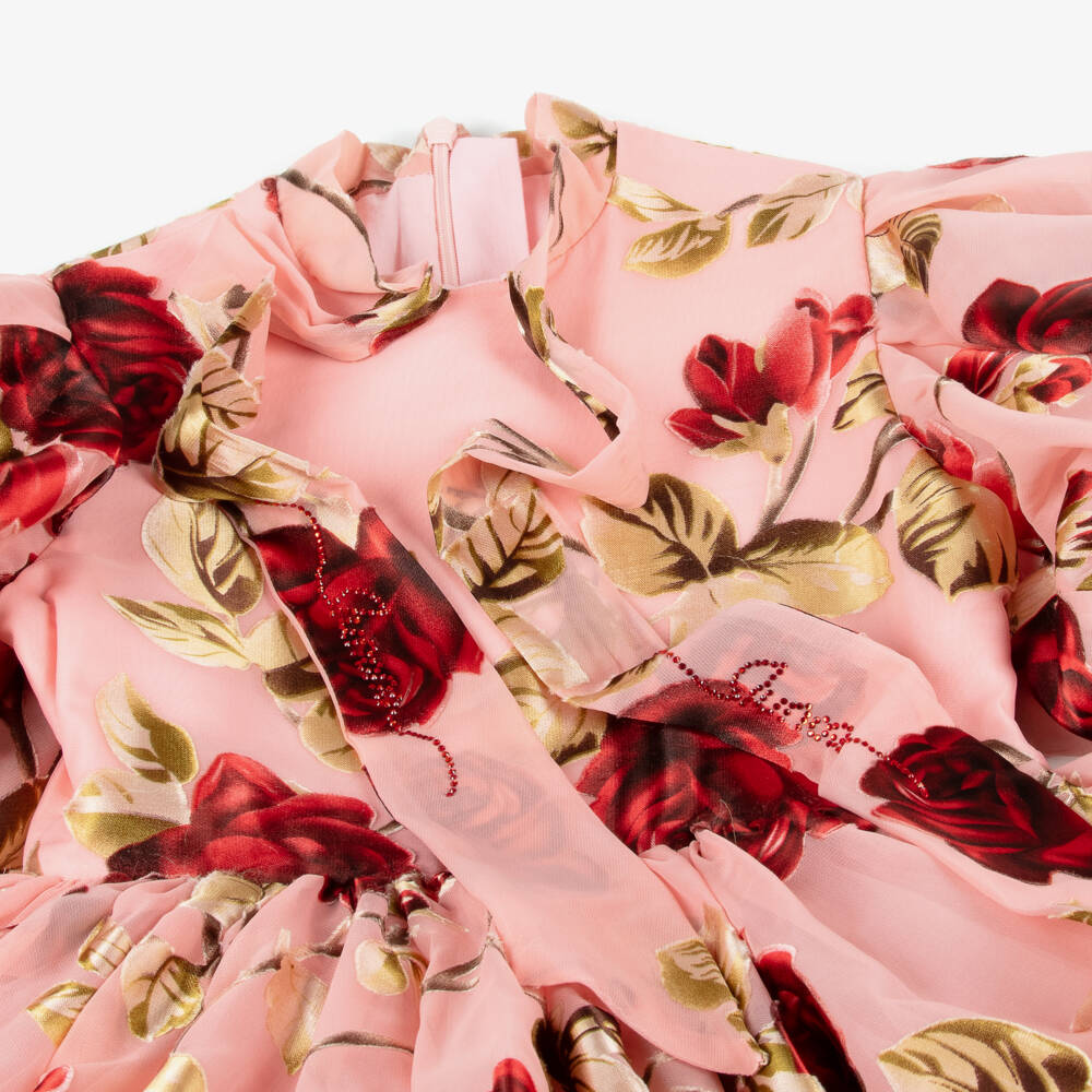 Junona-Girls Pink Chiffon Dress with Red Roses | Childrensalon
