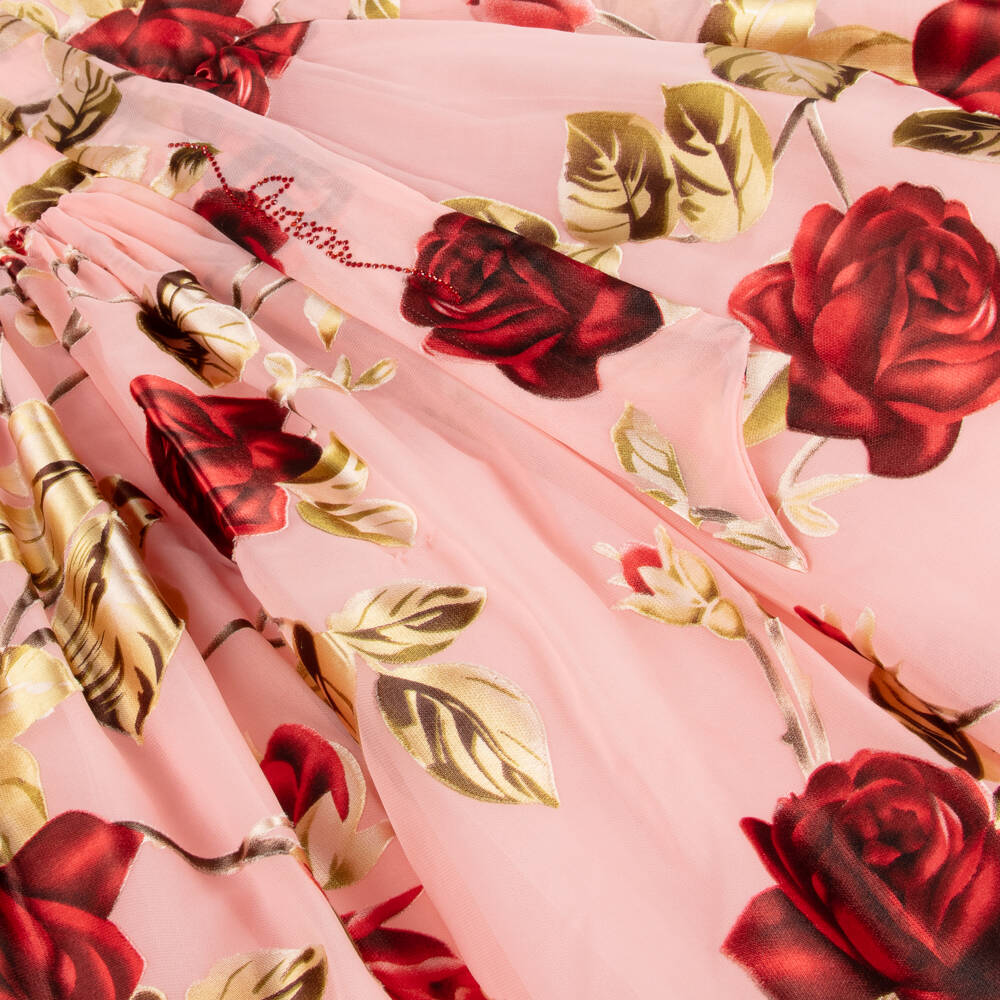 Junona-Girls Pink Chiffon Dress with Red Roses | Childrensalon