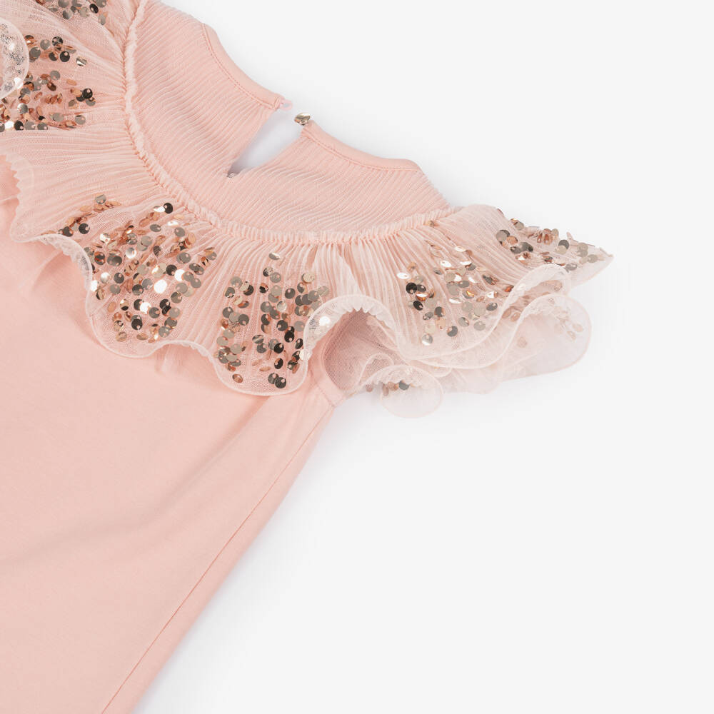 Junona-Girls Pink Cotton T-Shirt with Diamanté & Sequins | Childrensalon