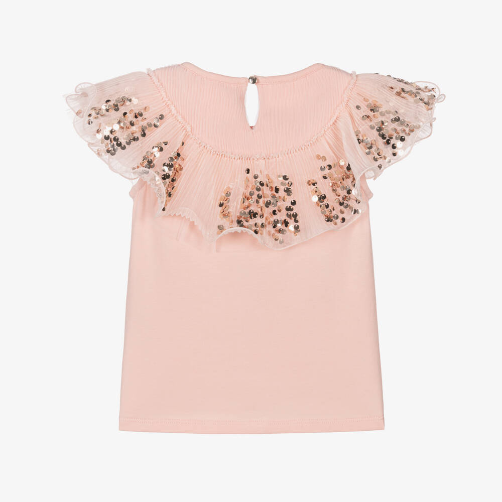Junona-Girls Pink Cotton T-Shirt with Diamanté & Sequins | Childrensalon