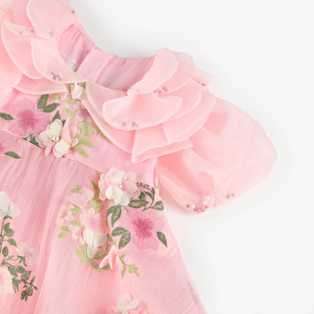 Junona-Girls Pink Embroidered Floral Crêpe & Organza Dress | Childrensalon