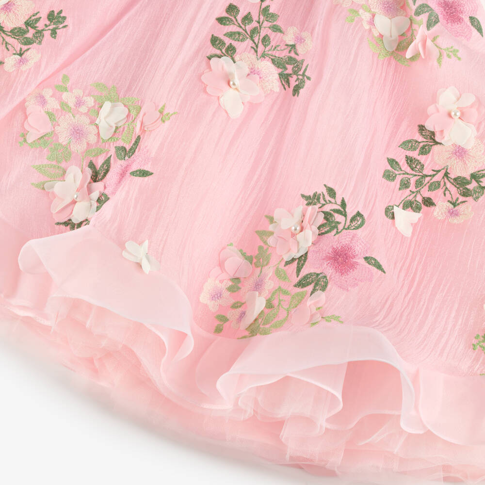 Junona-Girls Pink Embroidered Floral Crêpe & Organza Dress | Childrensalon