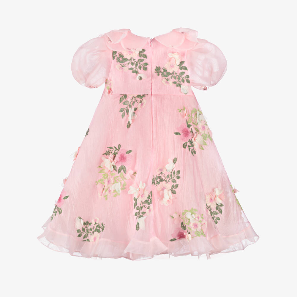 Junona-Girls Pink Embroidered Floral Crêpe & Organza Dress | Childrensalon