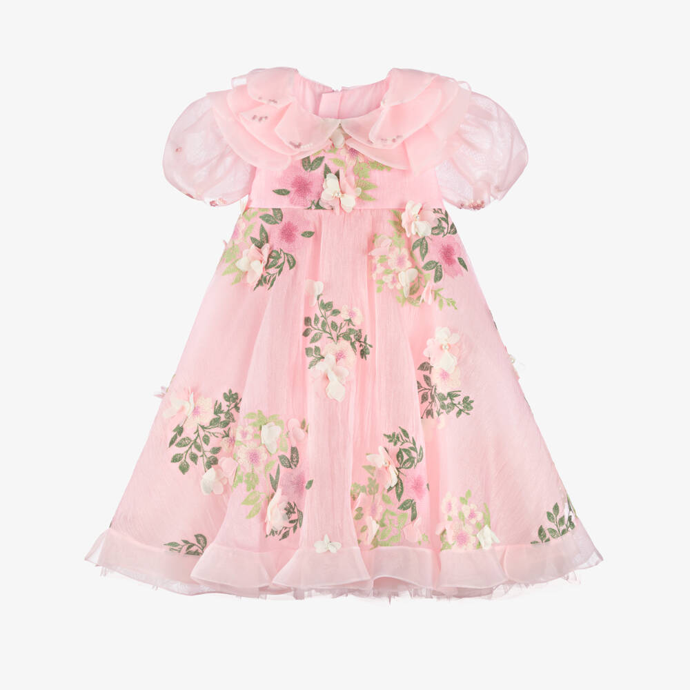 Junona-Girls Pink Embroidered Floral Crêpe & Organza Dress  | Childrensalon