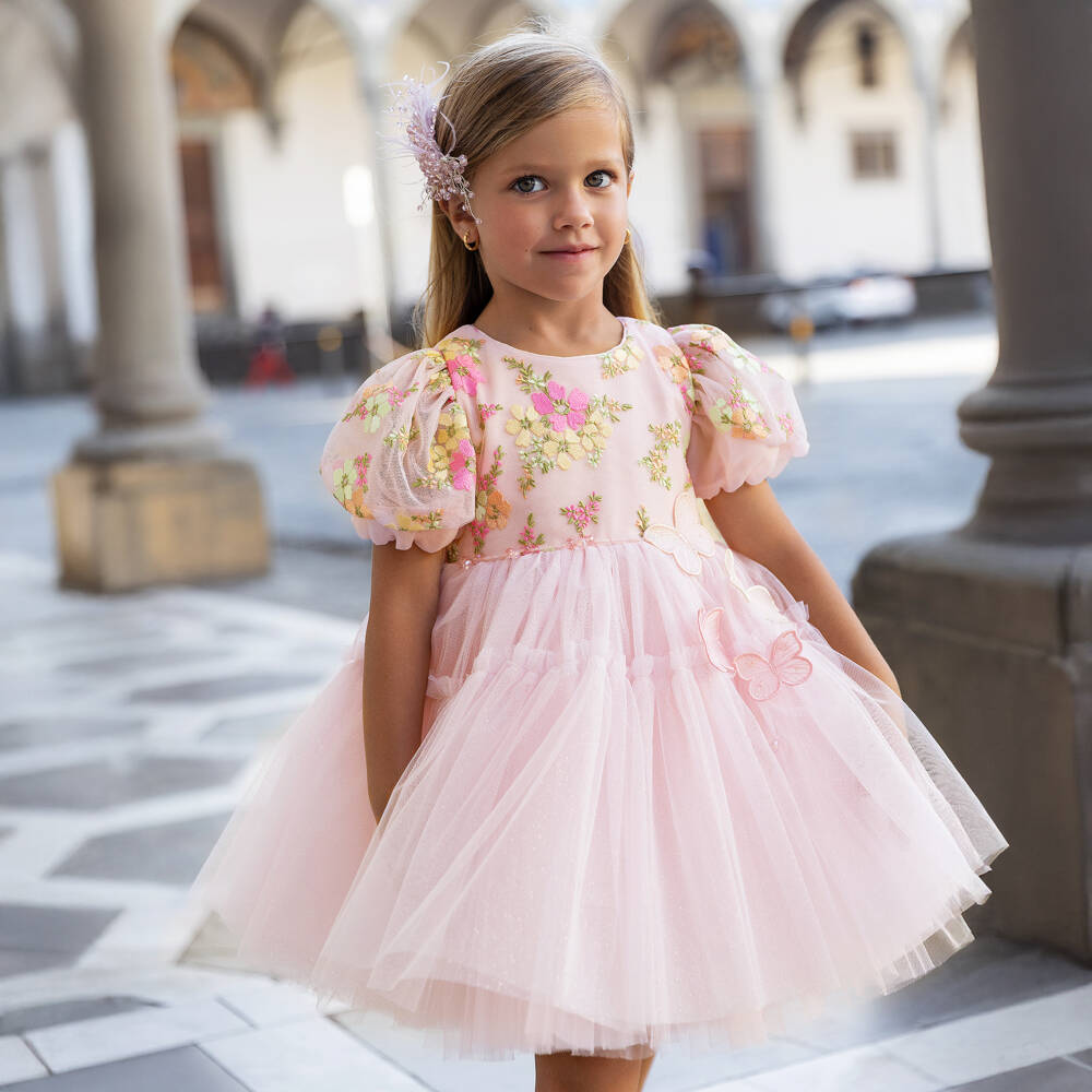 Junona-Girls Pink Embroidered Floral Tulle Dress | Childrensalon