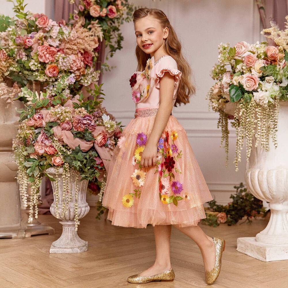 Junona-Girls Pink Embroidered Floral Tulle Skirt | Childrensalon