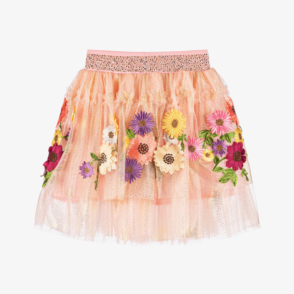Junona-Girls Pink Embroidered Floral Tulle Skirt | Childrensalon
