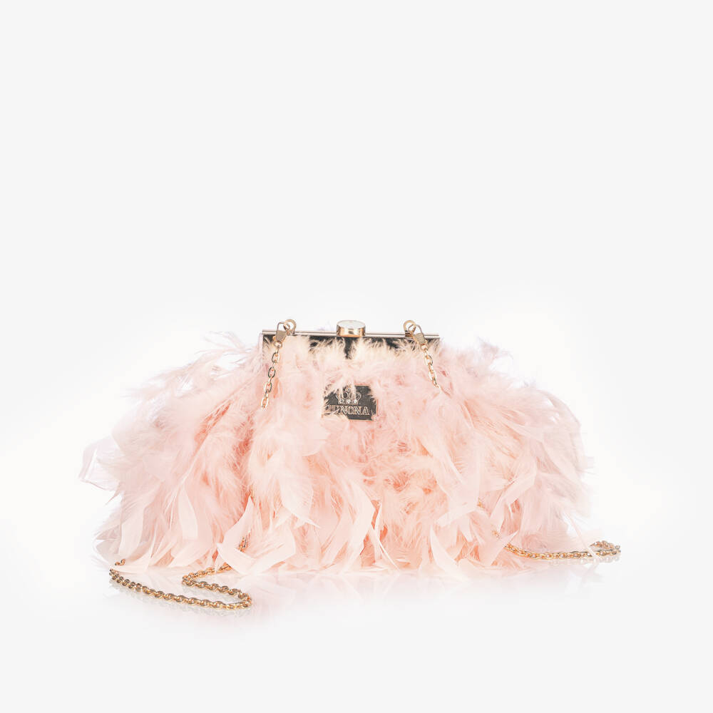 Junona-Girls Pink Feather Bag with Faux Pearl Handle (20cm) | Childrensalon